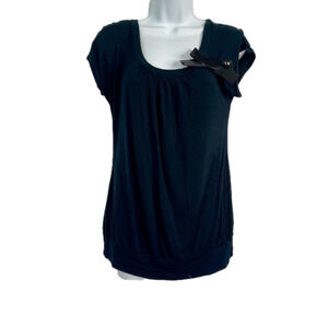 Navy Blue Short Sleeve Flounce Top with Sequin Bow